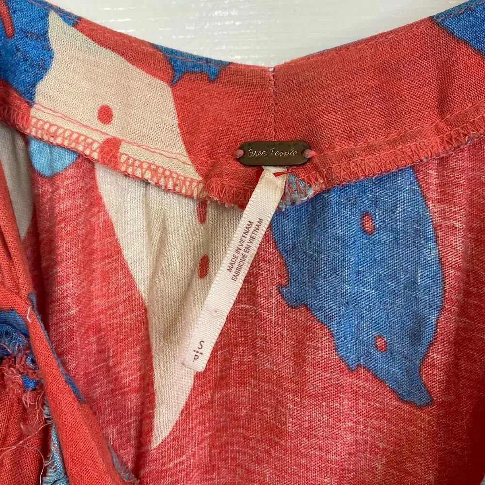 FREE PEOPLE Moonshine Midi Dress Linen Blend Floral Tropical Size Small Red Blue - Picture 4 of 8